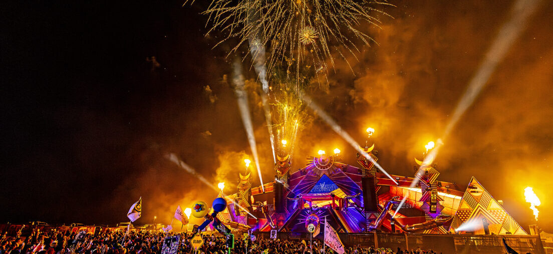 Fire stage at Elements Fest with fireworks.